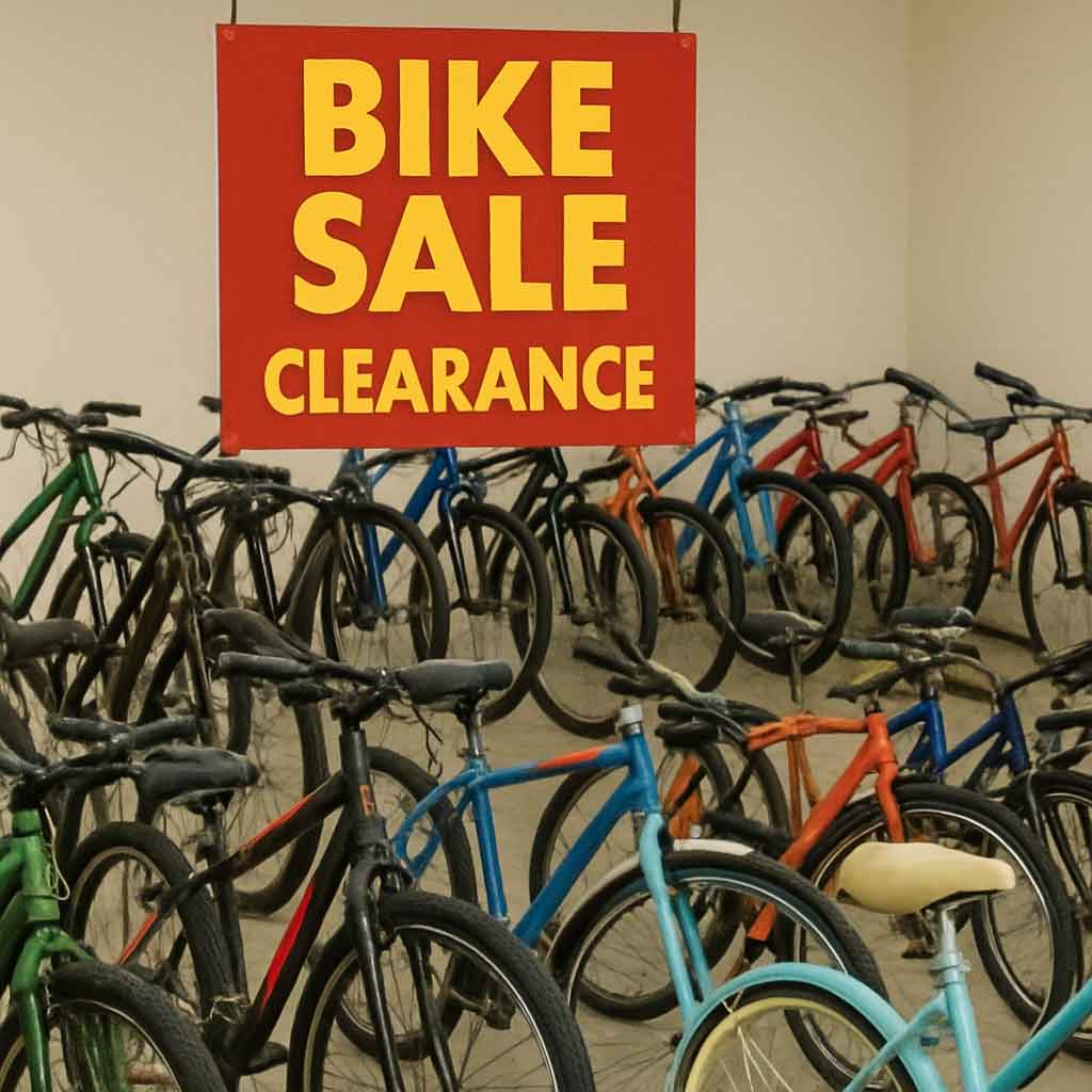 A variety of bicycles on display during a bike sale clearance