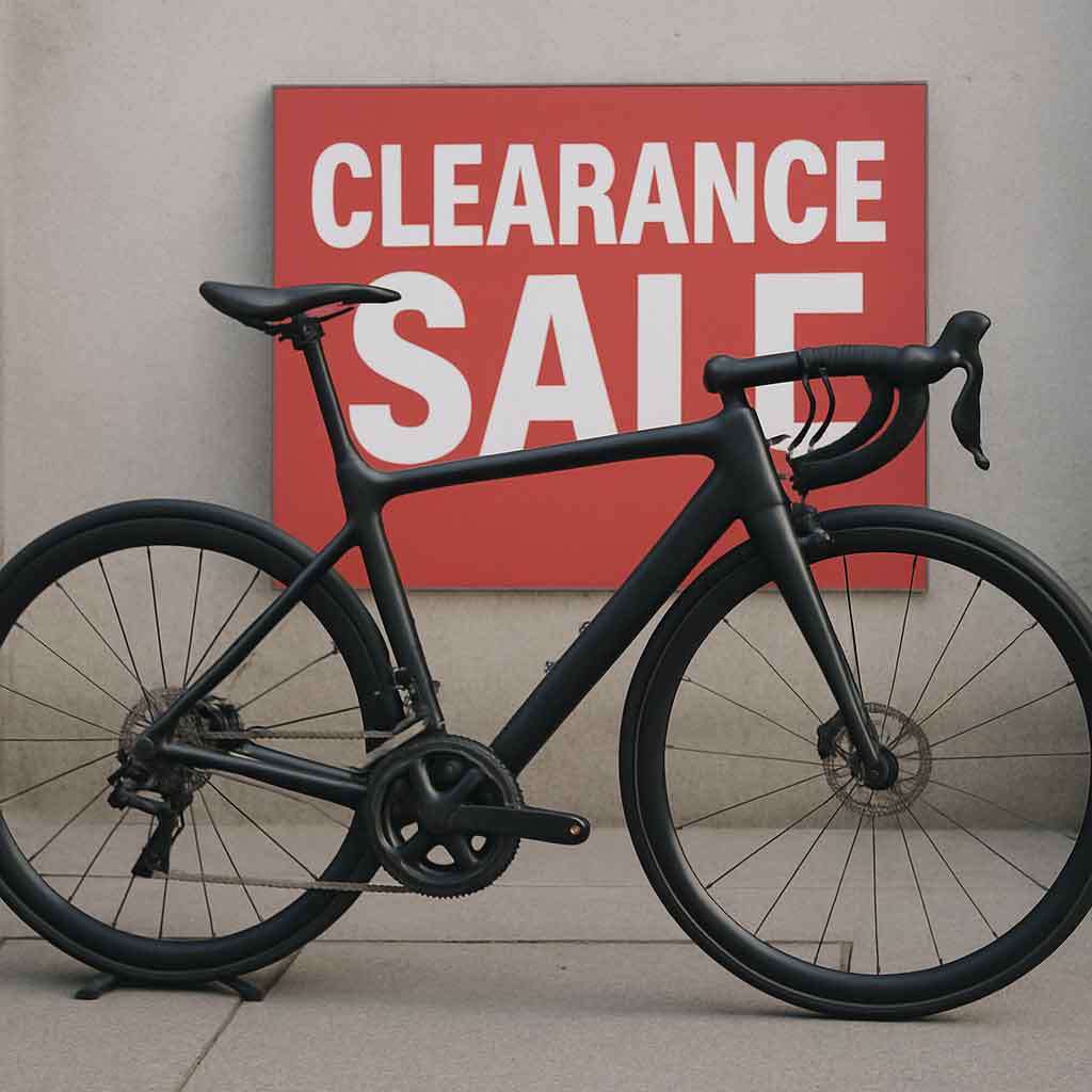 A sleek carbon road bike showcased during a road bicycle clearance sale