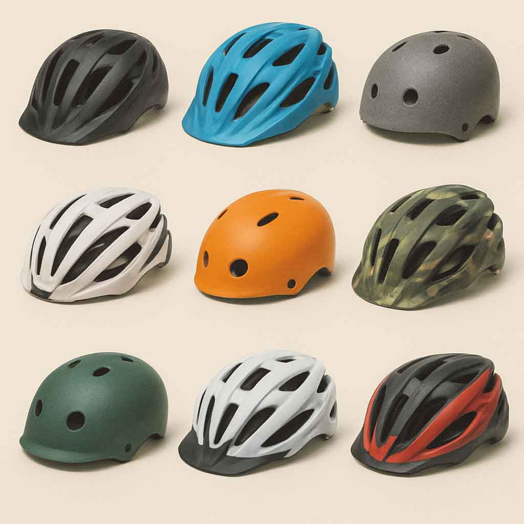 Various styles of bicycle helmets on display