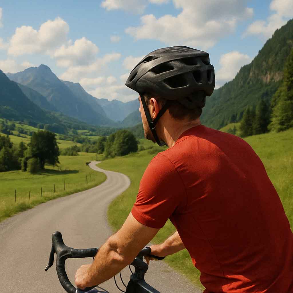 Cyclist wearing a helmet in a scenic landscape