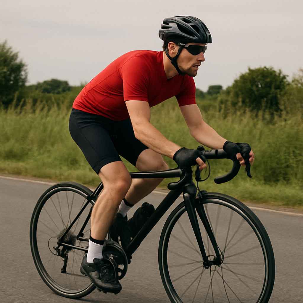 Cyclist wearing helmet on road bike