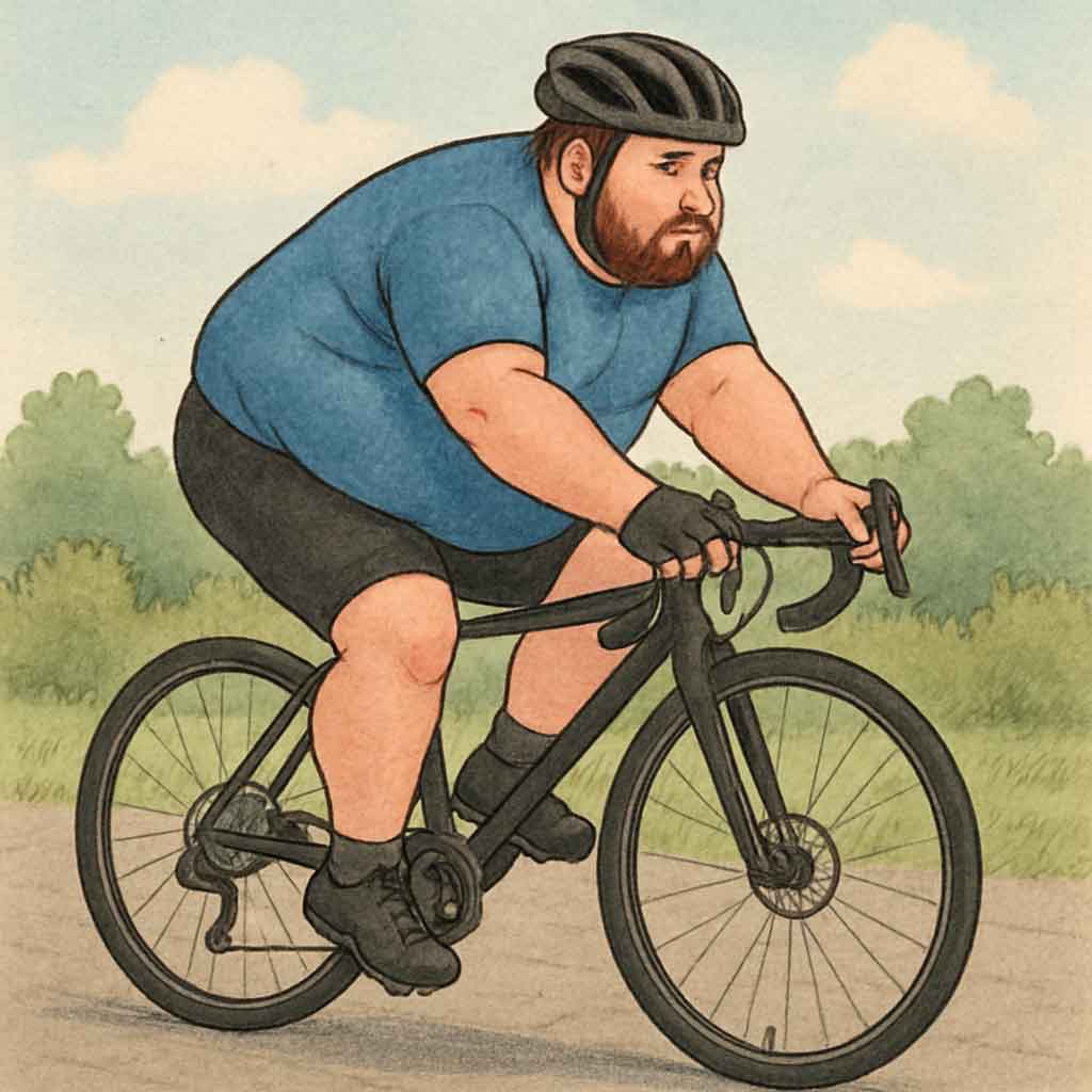 A cyclist riding a road bike designed for larger riders