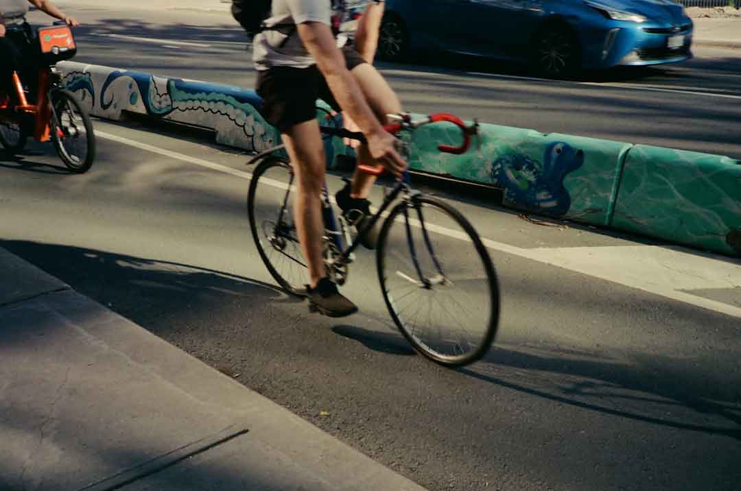 Cyclist trying on different bike shorts