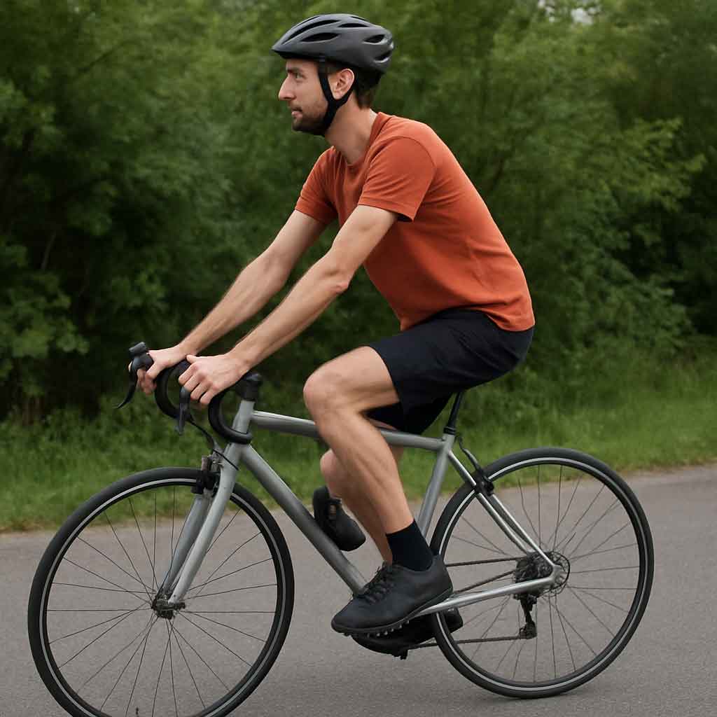 A tall rider sitting comfortably on a road bike