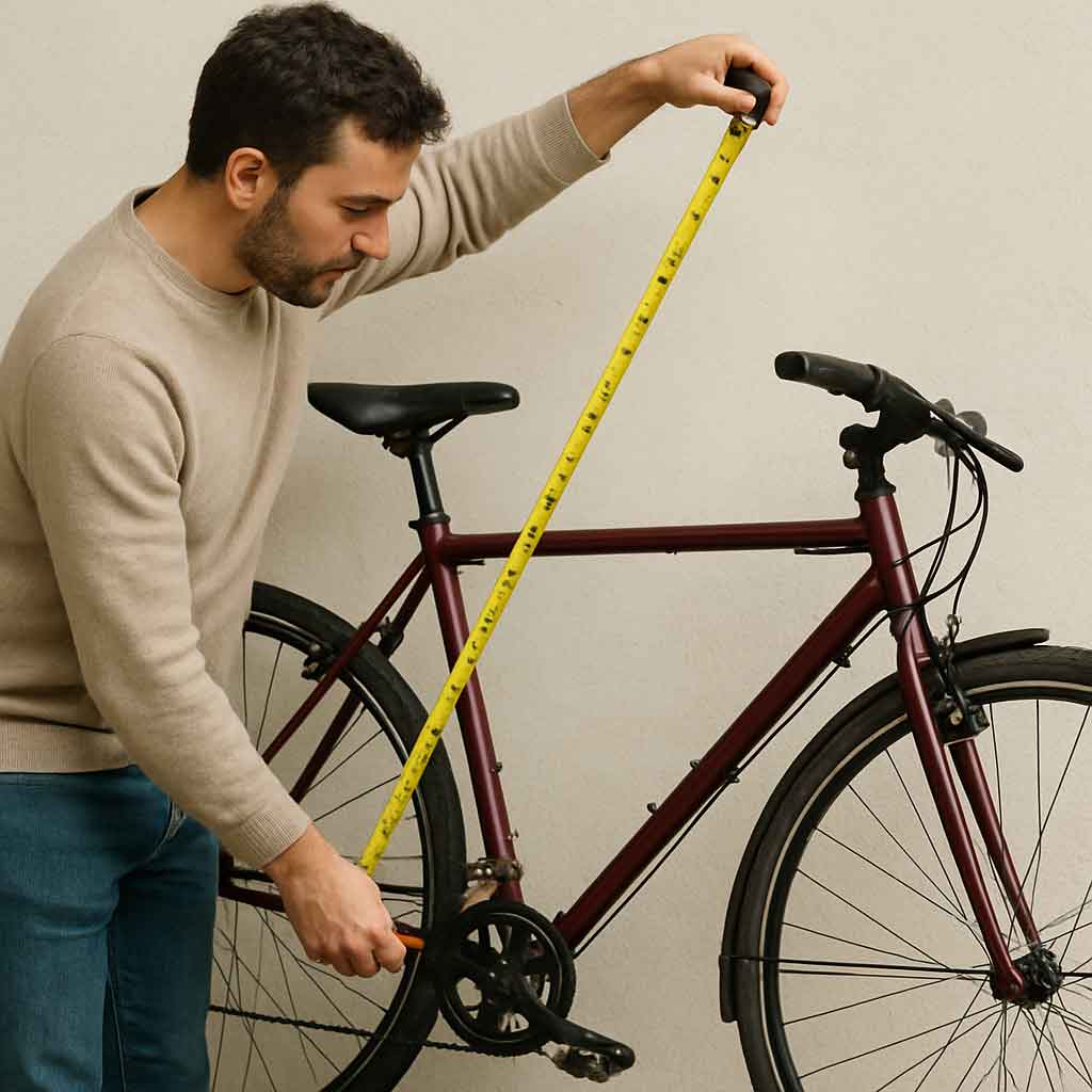 Person measuring a bicycle frame