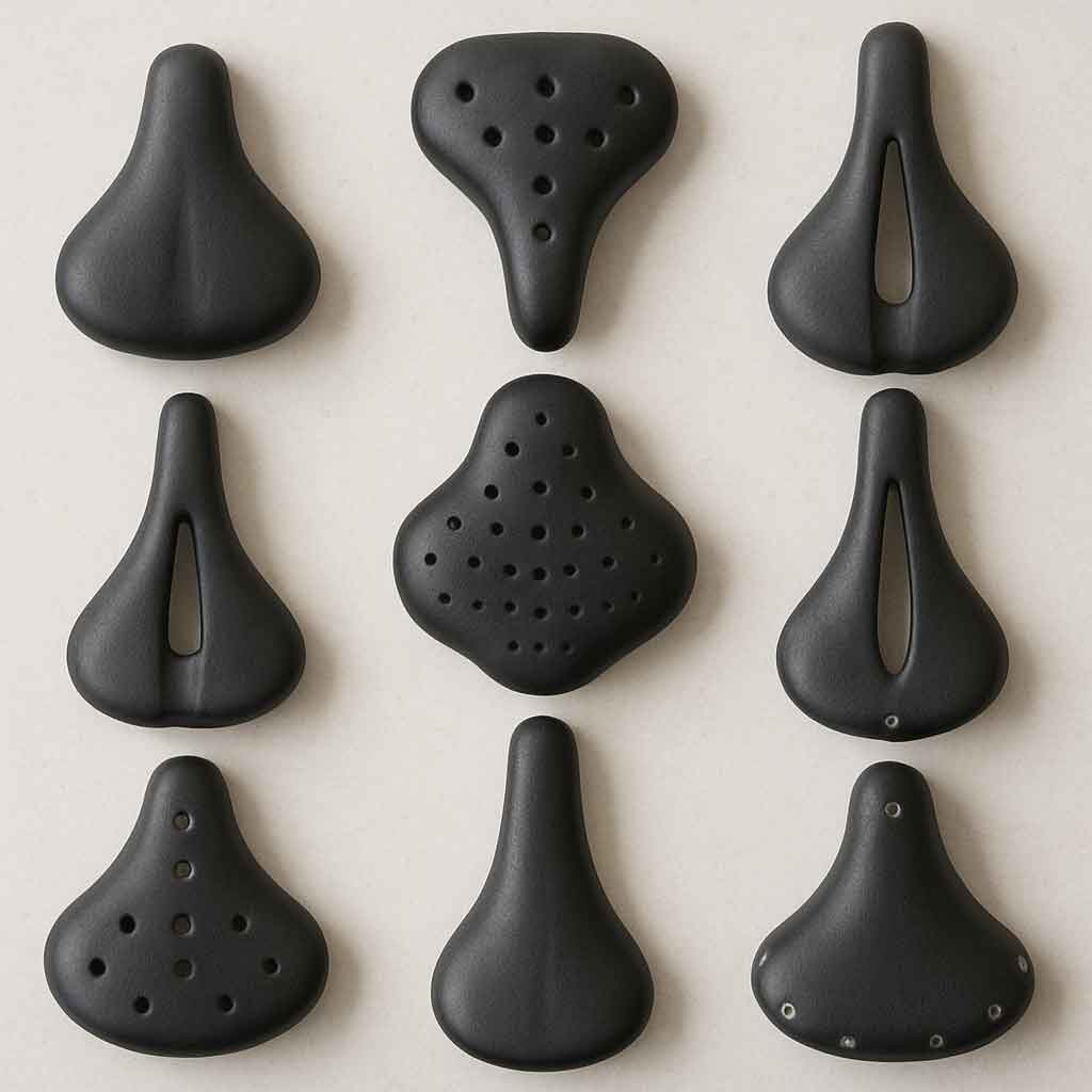 Various bike saddles displayed