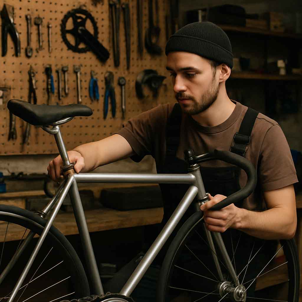 Cyclist adjusting a fixie frame in a workshop