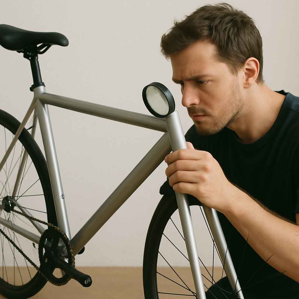 Clean fixie frame being inspected