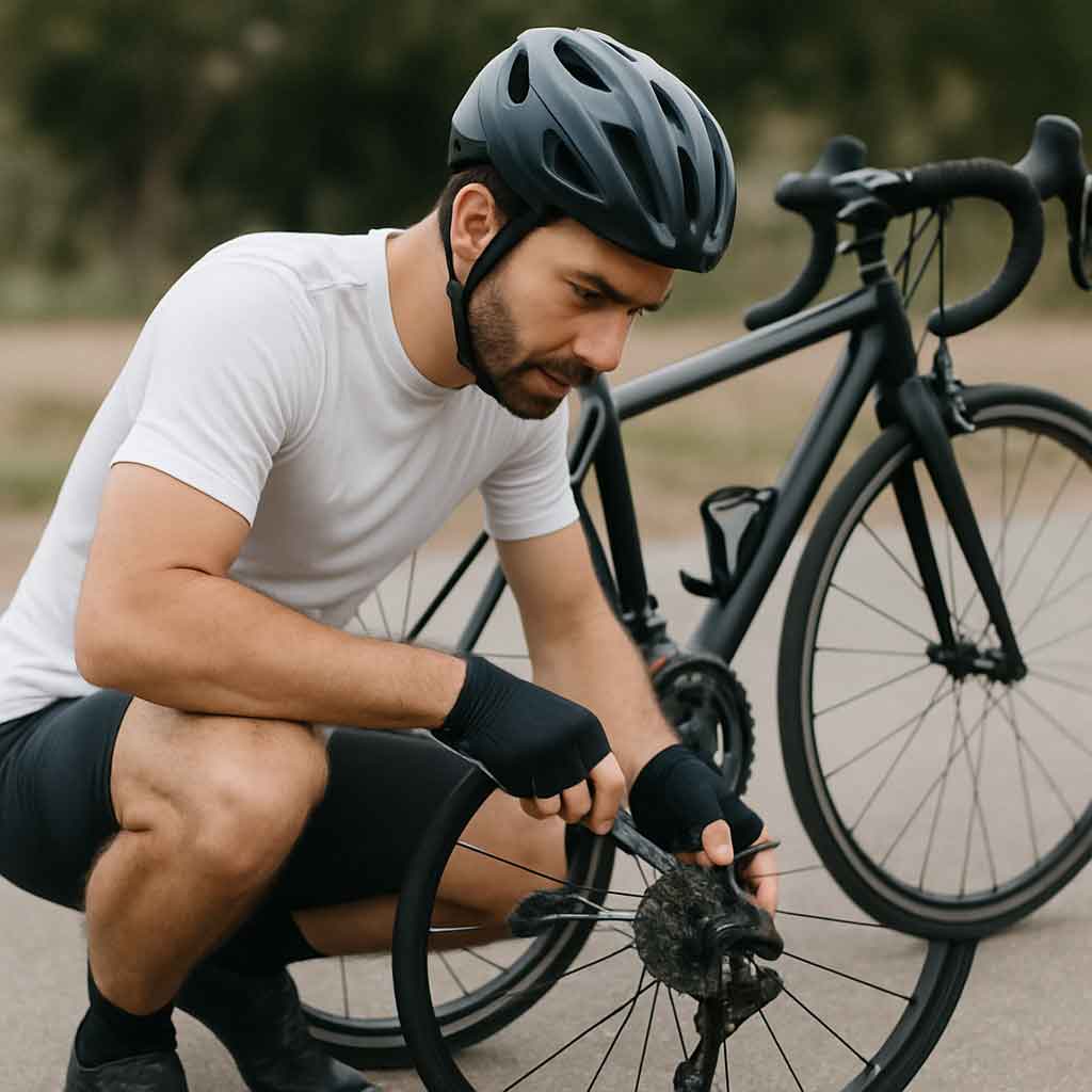 Cyclist performing bike maintenance