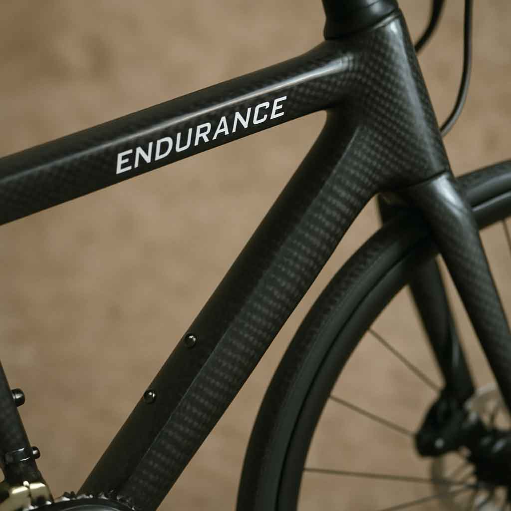 Close-up of a carbon fiber endurance road bike frame