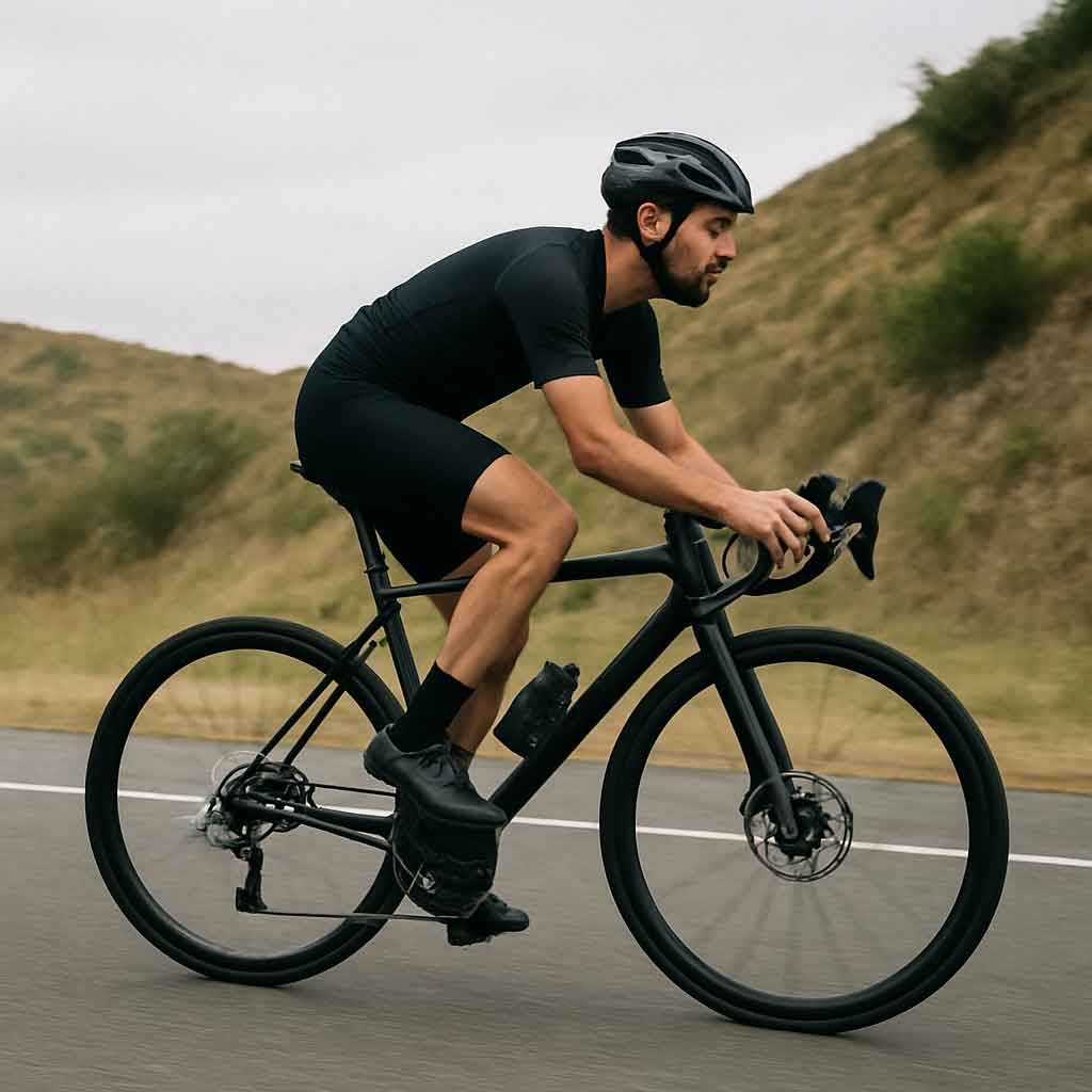 cyclist on a road bike with disc brakes
